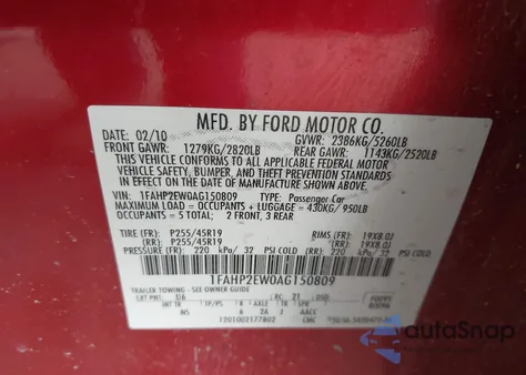 2010 Ford Taurus Sel z USA, uszkodzony, nr VIN 1FAHP2EW0AG150809